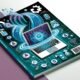 Futuristischer Laptop mit Amazon-Branding, umgeben von digitalen Werbebannern, Datenströmen, KI-Symbolen und Zahnrädern auf hellblauem Hintergrund.