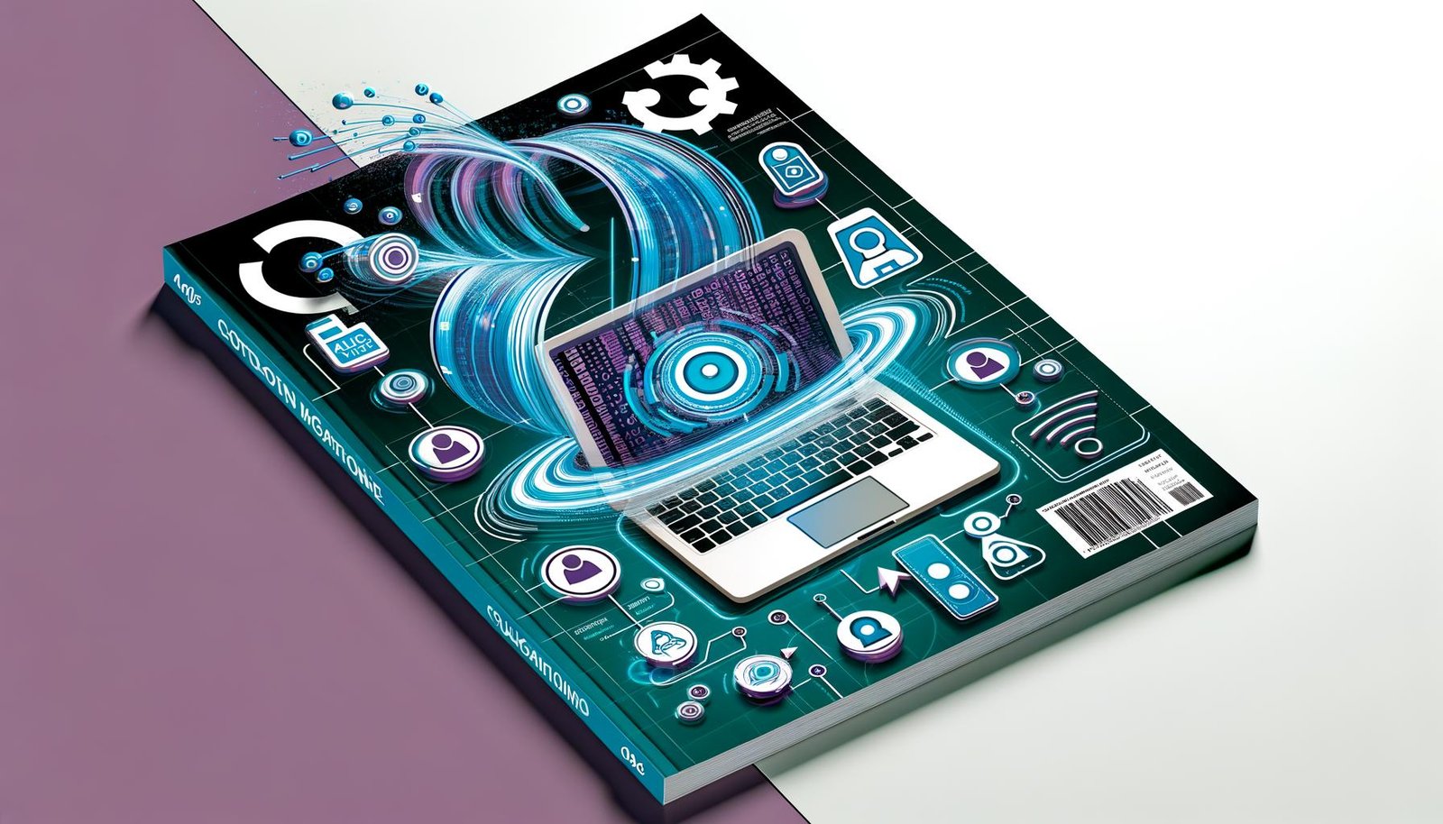 Futuristischer Laptop mit Amazon-Branding, umgeben von digitalen Werbebannern, Datenströmen, KI-Symbolen und Zahnrädern auf hellblauem Hintergrund.