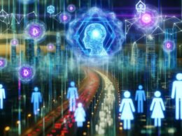 Neon-durchleuchtete Stadt im Jahr 2040 mit holografischen Datenströmen, leuchtenden Blockchain-Ketten und riesigen abstrakten KI-Formen, während kleine, fast durchsichtige Menschen in der futuristischen Szenerie erscheinen.