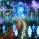 Neon-durchleuchtete Stadt im Jahr 2040 mit holografischen Datenströmen, leuchtenden Blockchain-Ketten und riesigen abstrakten KI-Formen, während kleine, fast durchsichtige Menschen in der futuristischen Szenerie erscheinen.