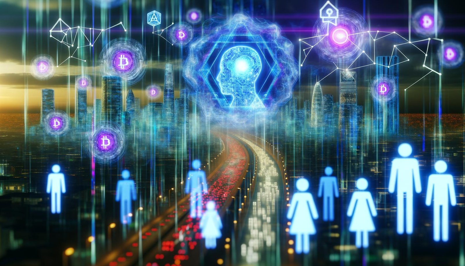 Neon-durchleuchtete Stadt im Jahr 2040 mit holografischen Datenströmen, leuchtenden Blockchain-Ketten und riesigen abstrakten KI-Formen, während kleine, fast durchsichtige Menschen in der futuristischen Szenerie erscheinen.