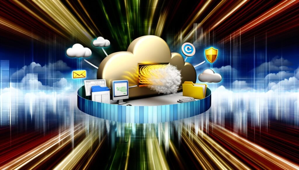 Moderne Daten-Cloud im Zentrum mit CRM-Dashboard, E-Mail-Symbol, Excel-Blatt, digitalen Ordnern und Sicherheitsschildern vor einer abstrahierten, digitalen Skyline und goldenen Datenströmen