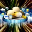 Moderne Daten-Cloud im Zentrum mit CRM-Dashboard, E-Mail-Symbol, Excel-Blatt, digitalen Ordnern und Sicherheitsschildern vor einer abstrahierten, digitalen Skyline und goldenen Datenströmen
