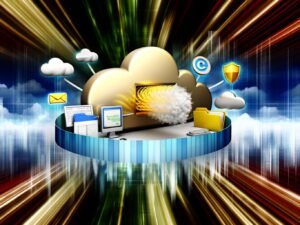 Moderne Daten-Cloud im Zentrum mit CRM-Dashboard, E-Mail-Symbol, Excel-Blatt, digitalen Ordnern und Sicherheitsschildern vor einer abstrahierten, digitalen Skyline und goldenen Datenströmen