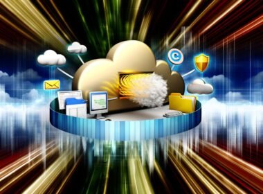 Moderne Daten-Cloud im Zentrum mit CRM-Dashboard, E-Mail-Symbol, Excel-Blatt, digitalen Ordnern und Sicherheitsschildern vor einer abstrahierten, digitalen Skyline und goldenen Datenströmen