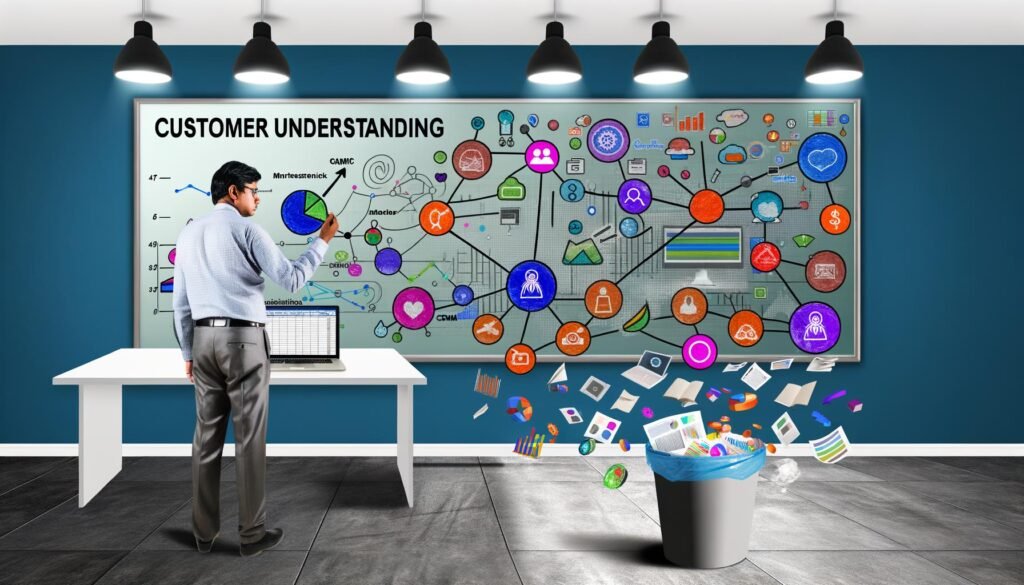 Frustrierter Marketingmanager im modernen Büro vor CRM-Dashboard, Whiteboard mit 'Kundenverständnis', aus dem Papierkorb ragende Excel-Listen und virtuelle Datensymbole verbinden verschiedene digitale Touchpoints.
