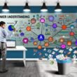 Frustrierter Marketingmanager im modernen Büro vor CRM-Dashboard, Whiteboard mit 'Kundenverständnis', aus dem Papierkorb ragende Excel-Listen und virtuelle Datensymbole verbinden verschiedene digitale Touchpoints.
