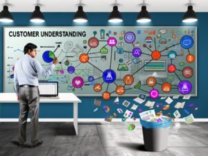 Frustrierter Marketingmanager im modernen Büro vor CRM-Dashboard, Whiteboard mit 'Kundenverständnis', aus dem Papierkorb ragende Excel-Listen und virtuelle Datensymbole verbinden verschiedene digitale Touchpoints.