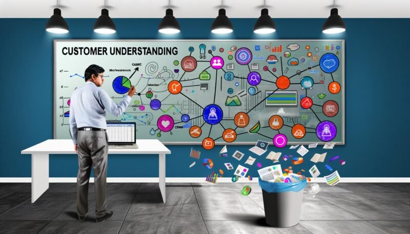 Frustrierter Marketingmanager im modernen Büro vor CRM-Dashboard, Whiteboard mit 'Kundenverständnis', aus dem Papierkorb ragende Excel-Listen und virtuelle Datensymbole verbinden verschiedene digitale Touchpoints.