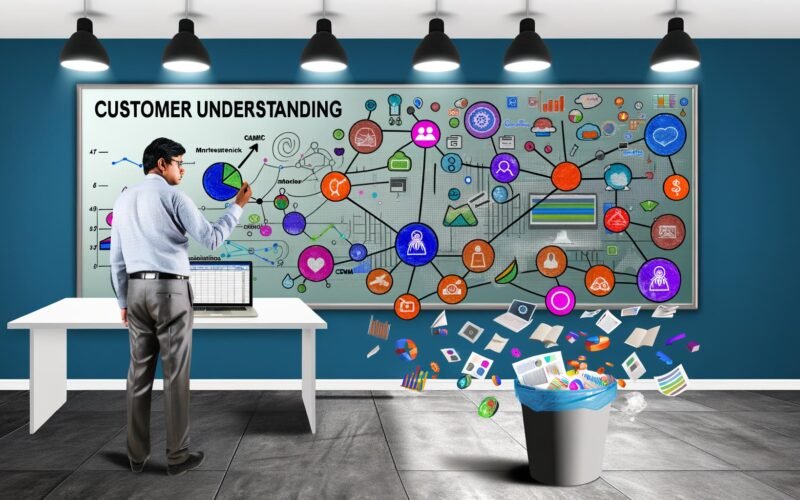 Frustrierter Marketingmanager im modernen Büro vor CRM-Dashboard, Whiteboard mit 'Kundenverständnis', aus dem Papierkorb ragende Excel-Listen und virtuelle Datensymbole verbinden verschiedene digitale Touchpoints.