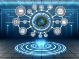 Stilisierte Daten-Schaltzentrale mit verbundenen Datenquellen, zentralem Dashboard, Echtzeit-Datenflüssen, Datensilos und Sicherheitssymbolen in moderner Grafik.