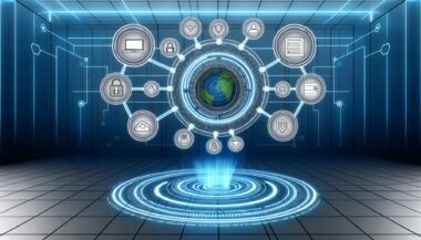 Stilisierte Daten-Schaltzentrale mit verbundenen Datenquellen, zentralem Dashboard, Echtzeit-Datenflüssen, Datensilos und Sicherheitssymbolen in moderner Grafik.