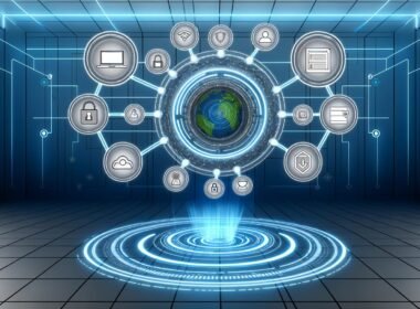 Stilisierte Daten-Schaltzentrale mit verbundenen Datenquellen, zentralem Dashboard, Echtzeit-Datenflüssen, Datensilos und Sicherheitssymbolen in moderner Grafik.
