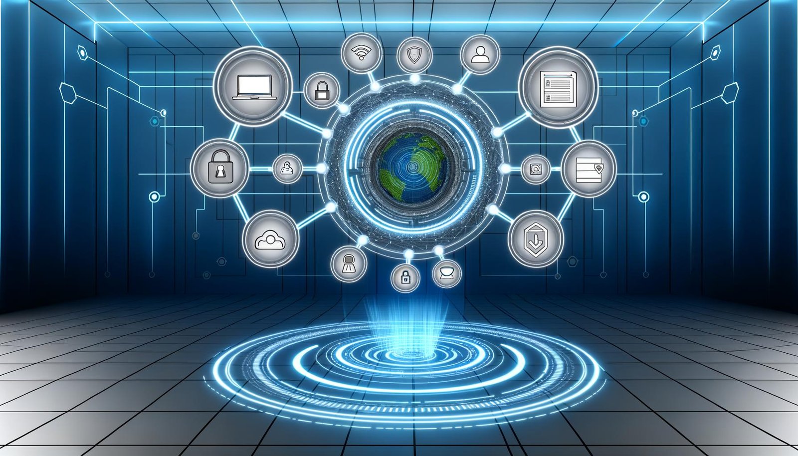 Stilisierte Daten-Schaltzentrale mit verbundenen Datenquellen, zentralem Dashboard, Echtzeit-Datenflüssen, Datensilos und Sicherheitssymbolen in moderner Grafik.