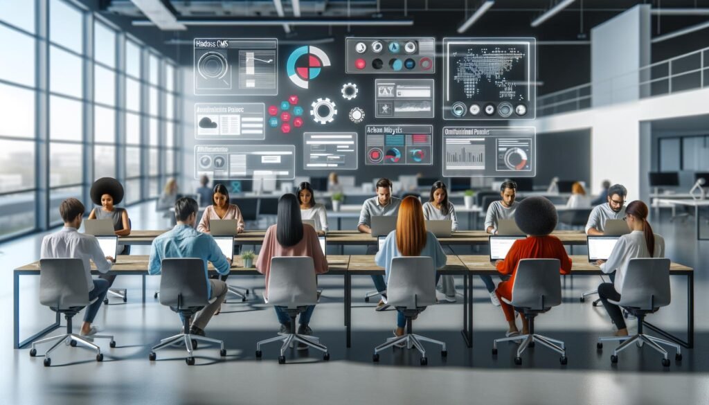 Modernes Newsroom-Büro mit diversen Experten, digitalen Dashboards, großen Bildschirmen und visualisierten CMS-Interfaces über den Arbeitstischen.