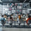 Modernes Newsroom-Büro mit diversen Experten, digitalen Dashboards, großen Bildschirmen und visualisierten CMS-Interfaces über den Arbeitstischen.