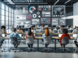 Modernes Newsroom-Büro mit diversen Experten, digitalen Dashboards, großen Bildschirmen und visualisierten CMS-Interfaces über den Arbeitstischen.