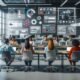 Modernes Newsroom-Büro mit diversen Experten, digitalen Dashboards, großen Bildschirmen und visualisierten CMS-Interfaces über den Arbeitstischen.