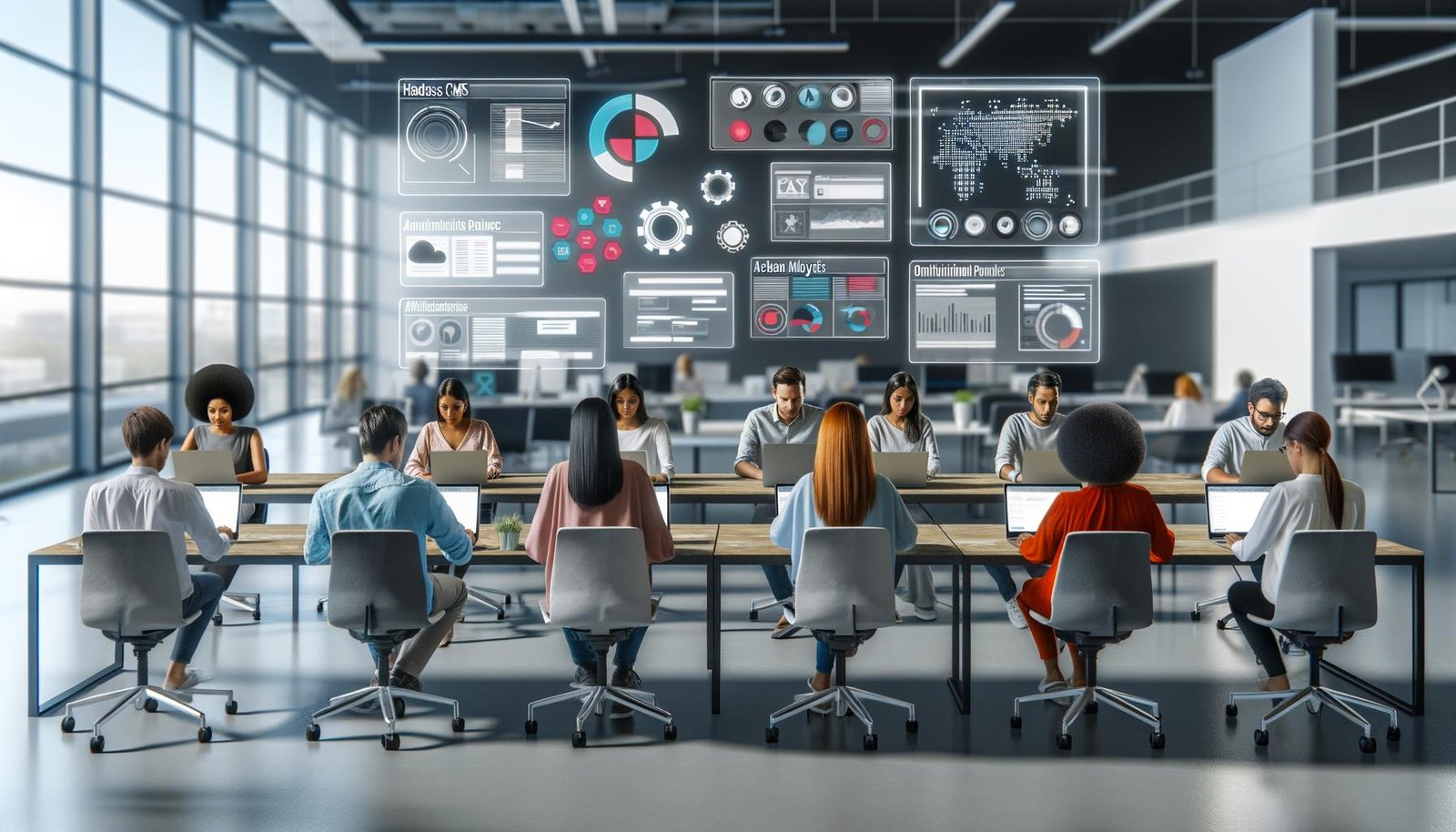 Modernes Newsroom-Büro mit diversen Experten, digitalen Dashboards, großen Bildschirmen und visualisierten CMS-Interfaces über den Arbeitstischen.