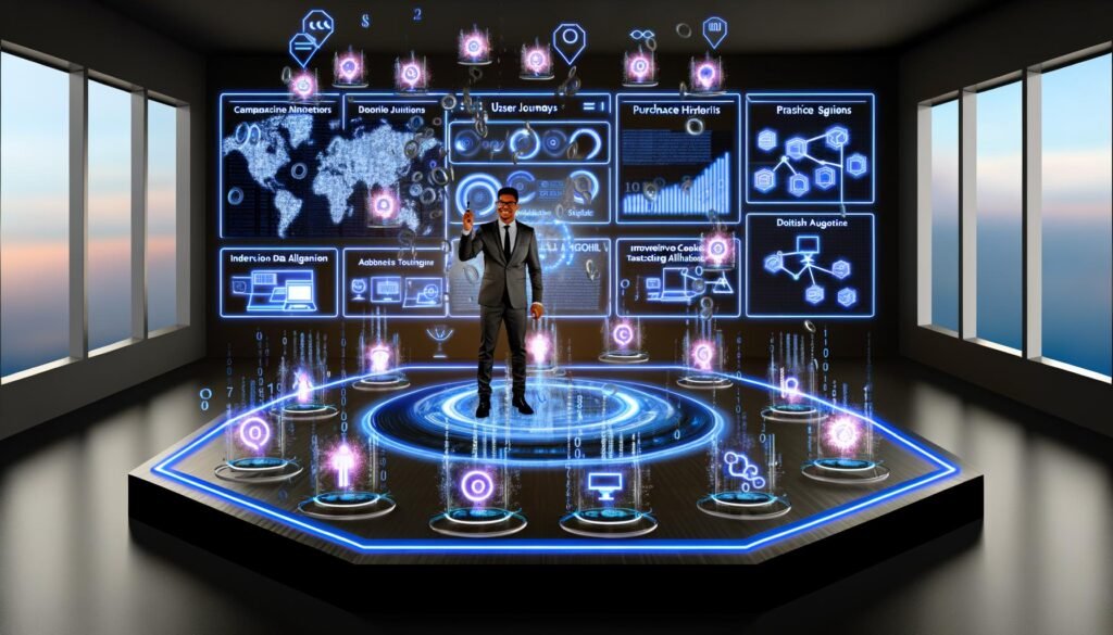 Marketer steuert in einer futuristischen Kontrollzentrale mit digitalen Dashboards und Amazon-Logos präzise Werbekampagnen. Datenströme und innovative Zielgruppenvisualisierung ersetzen klassische Cookies, Fokus auf Datenschutz und Effizienz.