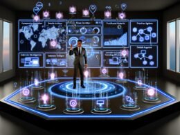 Marketer steuert in einer futuristischen Kontrollzentrale mit digitalen Dashboards und Amazon-Logos präzise Werbekampagnen. Datenströme und innovative Zielgruppenvisualisierung ersetzen klassische Cookies, Fokus auf Datenschutz und Effizienz.