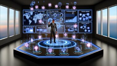 Marketer steuert in einer futuristischen Kontrollzentrale mit digitalen Dashboards und Amazon-Logos präzise Werbekampagnen. Datenströme und innovative Zielgruppenvisualisierung ersetzen klassische Cookies, Fokus auf Datenschutz und Effizienz.