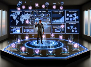 Marketer steuert in einer futuristischen Kontrollzentrale mit digitalen Dashboards und Amazon-Logos präzise Werbekampagnen. Datenströme und innovative Zielgruppenvisualisierung ersetzen klassische Cookies, Fokus auf Datenschutz und Effizienz.