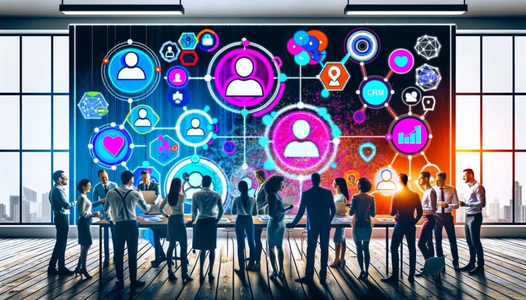 Illustration eines diversen Marketing- und Data-Science-Teams vor einem digitalen Dashboard mit Kundenprofilen, Datapunkten, CRM-Icons und Datenschutz-Symbolen in einer modernen Agentur.