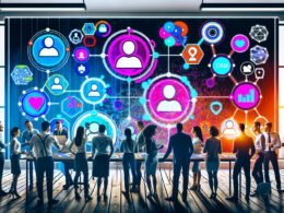 Illustration eines diversen Marketing- und Data-Science-Teams vor einem digitalen Dashboard mit Kundenprofilen, Datapunkten, CRM-Icons und Datenschutz-Symbolen in einer modernen Agentur.
