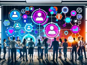 Illustration eines diversen Marketing- und Data-Science-Teams vor einem digitalen Dashboard mit Kundenprofilen, Datapunkten, CRM-Icons und Datenschutz-Symbolen in einer modernen Agentur.