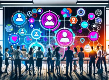 Illustration eines diversen Marketing- und Data-Science-Teams vor einem digitalen Dashboard mit Kundenprofilen, Datapunkten, CRM-Icons und Datenschutz-Symbolen in einer modernen Agentur.
