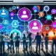 Illustration eines diversen Marketing- und Data-Science-Teams vor einem digitalen Dashboard mit Kundenprofilen, Datapunkten, CRM-Icons und Datenschutz-Symbolen in einer modernen Agentur.