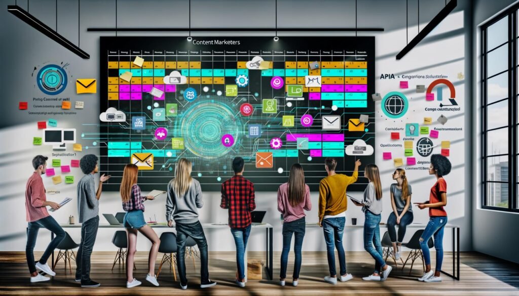 Content-Marketing-Team diskutiert vor großem Bildschirm mit digitalen Kalender- und Workflow-Dashboards in modernem Büro voller Notebooks, Tablets, Post-its und Automatisierungs-Symbole.