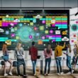 Content-Marketing-Team diskutiert vor großem Bildschirm mit digitalen Kalender- und Workflow-Dashboards in modernem Büro voller Notebooks, Tablets, Post-its und Automatisierungs-Symbole.