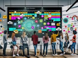 Content-Marketing-Team diskutiert vor großem Bildschirm mit digitalen Kalender- und Workflow-Dashboards in modernem Büro voller Notebooks, Tablets, Post-its und Automatisierungs-Symbole.