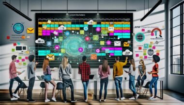 Content-Marketing-Team diskutiert vor großem Bildschirm mit digitalen Kalender- und Workflow-Dashboards in modernem Büro voller Notebooks, Tablets, Post-its und Automatisierungs-Symbole.