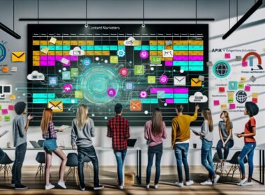Content-Marketing-Team diskutiert vor großem Bildschirm mit digitalen Kalender- und Workflow-Dashboards in modernem Büro voller Notebooks, Tablets, Post-its und Automatisierungs-Symbole.