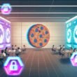 Futuristisches Büro mit Marketers, die Datendashboards analysieren, verblassende Cookie-Icons, Amazon Ads Logos und holografische Targeting- sowie Datenschutz-Diagramme.