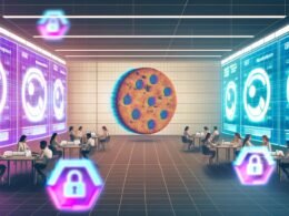 Futuristisches Büro mit Marketers, die Datendashboards analysieren, verblassende Cookie-Icons, Amazon Ads Logos und holografische Targeting- sowie Datenschutz-Diagramme.