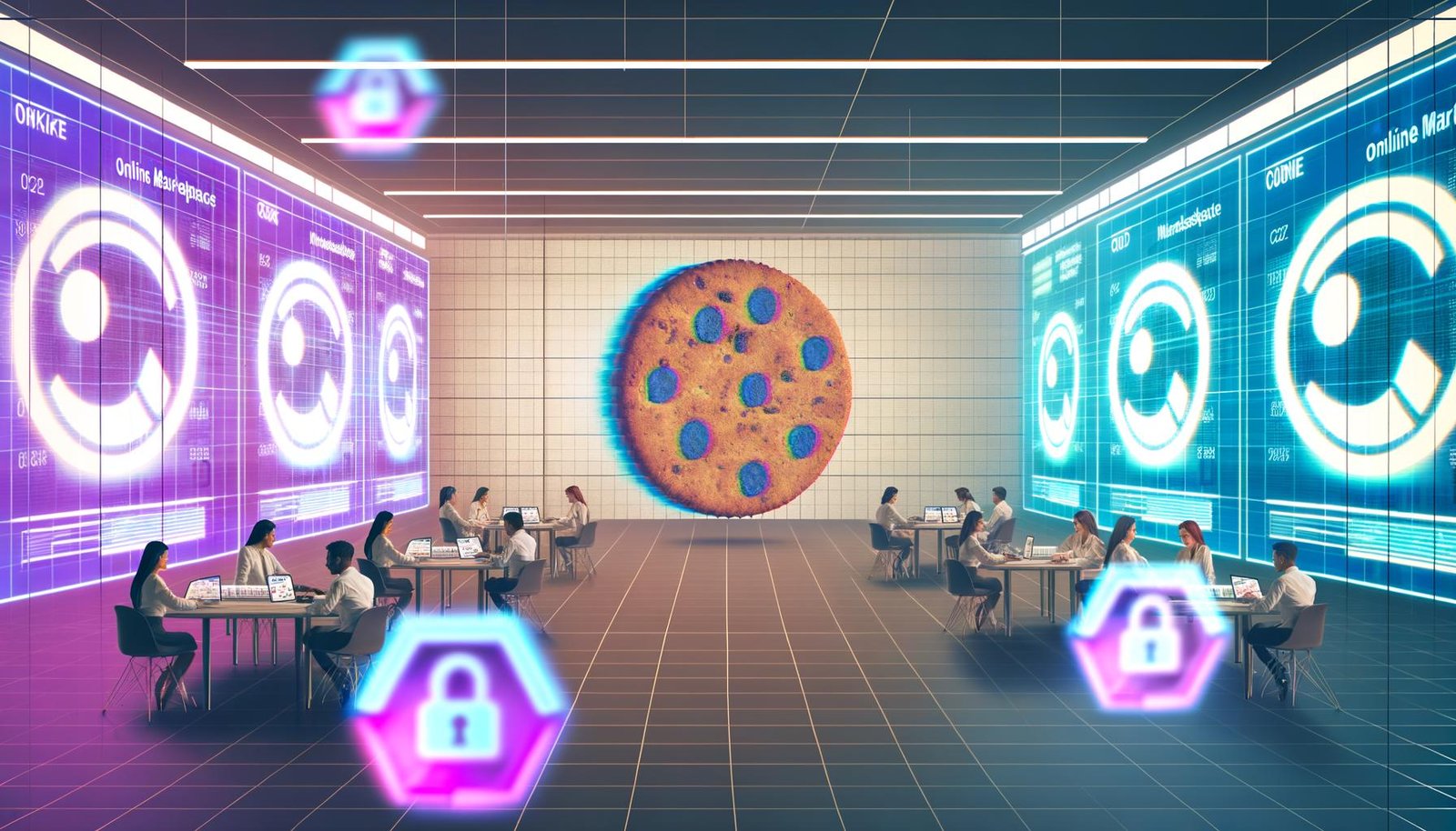 Futuristisches Büro mit Marketers, die Datendashboards analysieren, verblassende Cookie-Icons, Amazon Ads Logos und holografische Targeting- sowie Datenschutz-Diagramme.
