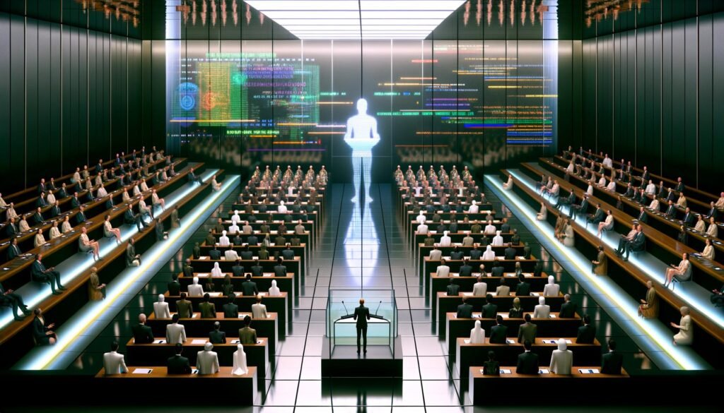 Futuristisches Parlamentsgebäude mit gläsernem Rednerpult, KI-Projektion, Menschen und humanoiden Robotern zwischen holografischen Displays