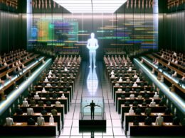 Futuristisches Parlamentsgebäude mit gläsernem Rednerpult, KI-Projektion, Menschen und humanoiden Robotern zwischen holografischen Displays