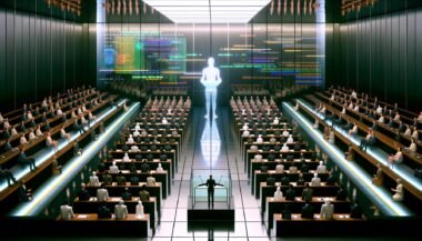 Futuristisches Parlamentsgebäude mit gläsernem Rednerpult, KI-Projektion, Menschen und humanoiden Robotern zwischen holografischen Displays