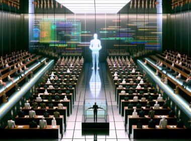 Futuristisches Parlamentsgebäude mit gläsernem Rednerpult, KI-Projektion, Menschen und humanoiden Robotern zwischen holografischen Displays