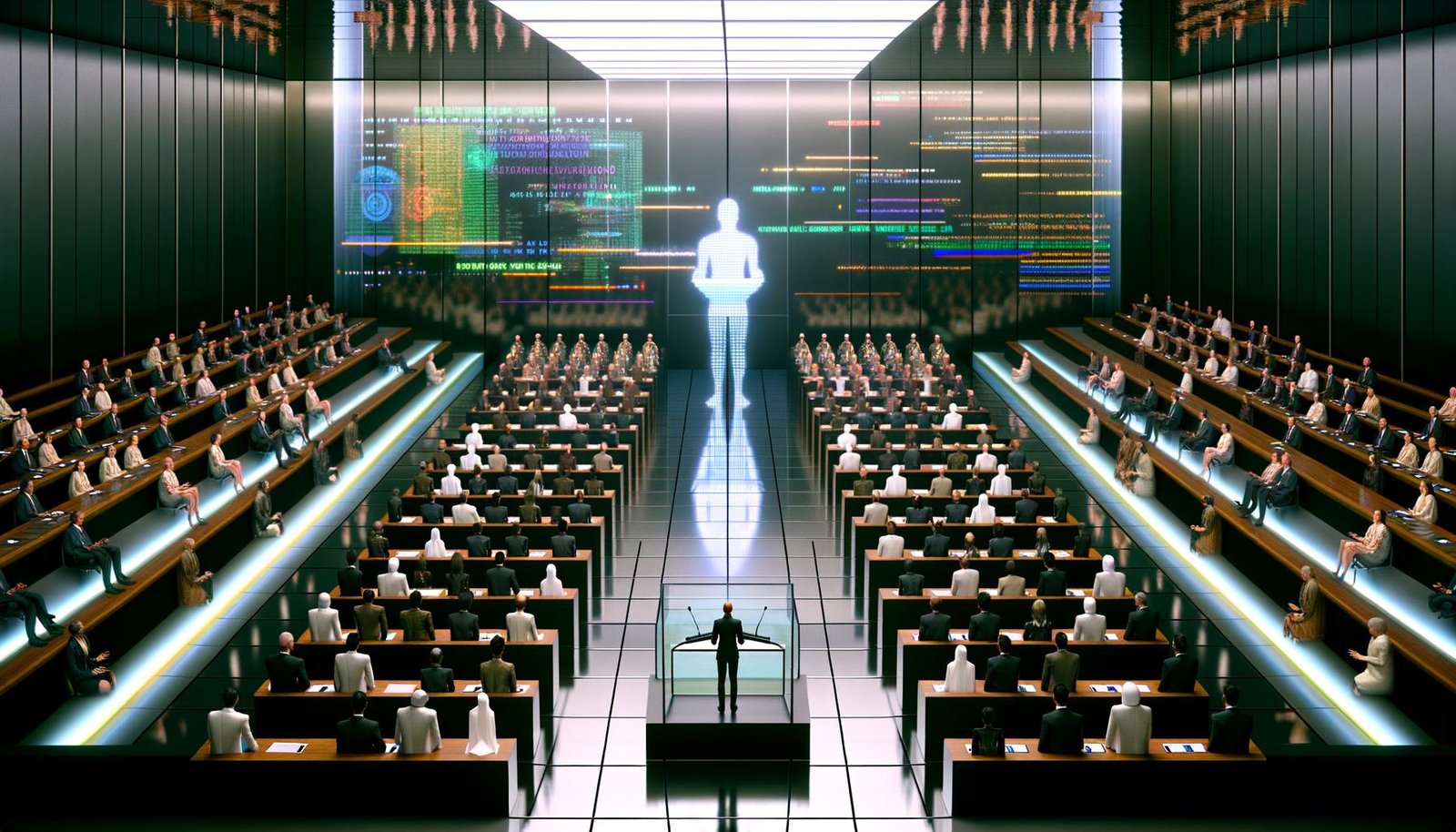 Futuristisches Parlamentsgebäude mit gläsernem Rednerpult, KI-Projektion, Menschen und humanoiden Robotern zwischen holografischen Displays