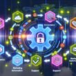 Digitale Workflow-Illustration mit modernem Kundendaten-Dashboard, verbundenen CRM-, E-Commerce-, Analytics-, Support- und Marketing-Modulen, umrahmt von DSGVO-Symbolen und Datenwolken.
