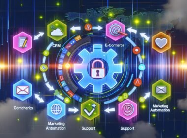 Digitale Workflow-Illustration mit modernem Kundendaten-Dashboard, verbundenen CRM-, E-Commerce-, Analytics-, Support- und Marketing-Modulen, umrahmt von DSGVO-Symbolen und Datenwolken.