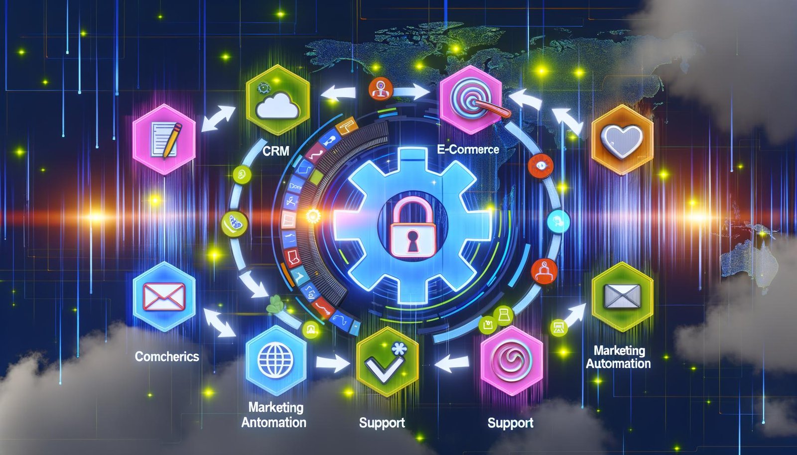 Digitale Workflow-Illustration mit modernem Kundendaten-Dashboard, verbundenen CRM-, E-Commerce-, Analytics-, Support- und Marketing-Modulen, umrahmt von DSGVO-Symbolen und Datenwolken.