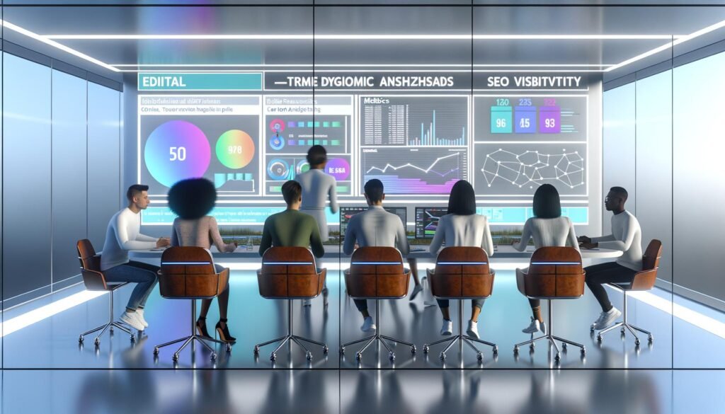 Futuristischer Newsroom 2025 mit großen Displays, auf denen Redakteur:innen Echtzeit-Content-Analysen und KPIs auswerten sowie an digitalen Whiteboards zu Traffic und SEO diskutieren.