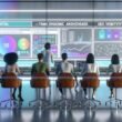 Futuristischer Newsroom 2025 mit großen Displays, auf denen Redakteur:innen Echtzeit-Content-Analysen und KPIs auswerten sowie an digitalen Whiteboards zu Traffic und SEO diskutieren.